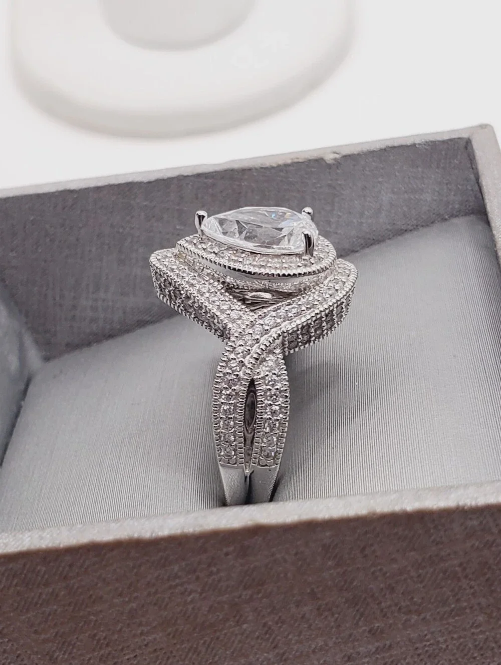 Classic Teardrop Halo Engagement Ring In 925 Sterling Silver - Simulated Diamond